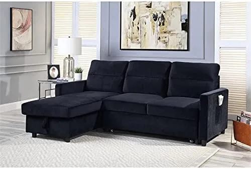 Vista 2 de BOWERY HILL Sofá cama reversible de terciopelo negro con diván de almacenamiento