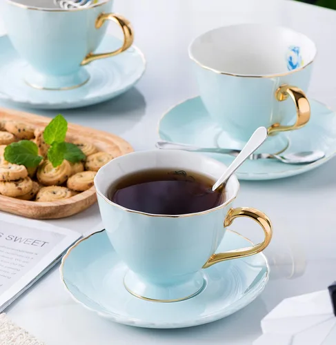 Vista 9 de Jusalpha® Juego de 6 tazas de té y platillo de porcelana fina con platillo y cuchara (FD-TCS02 azul (6), 7 onzas