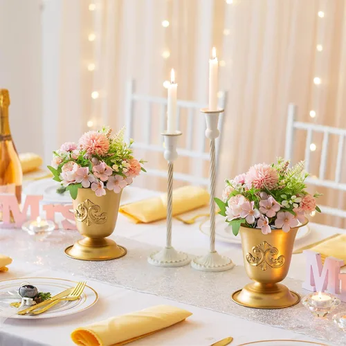 Vista 2 de Sziqiqi Maceta de metal con urna dorada para mesa de boda, centro de mesa, trompeta, florero, maceta para arreglos florales artificiales reales