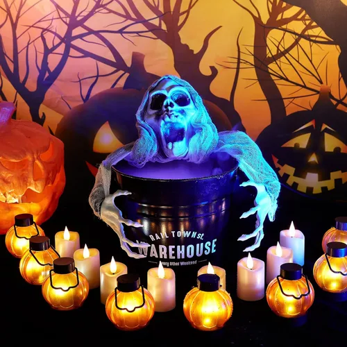 Vista 2 de IMAGE Farol de calabaza parpadeante, paquete de 12 luces LED parpadeantes de Halloween con velas sin llama que funcionan con pilas para Halloween