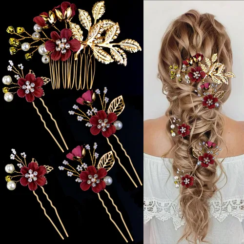 Vista 10 de 5 PCS Horquillas de Flores Nupciales para Cabello de Boda con Cristales y Perlas, Clips para Cabello, Tocado Dorado, Accesorios para Cabello
