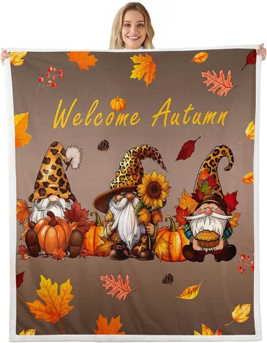 Vista 12 de Fall Sunflowers Throw Blanket,Thanksgiving Day Pumpinks Bed Plush Blanket for Living Room Decor,Rustic Geometric Grids Couch Bed Sofa Soft Cozy Kids