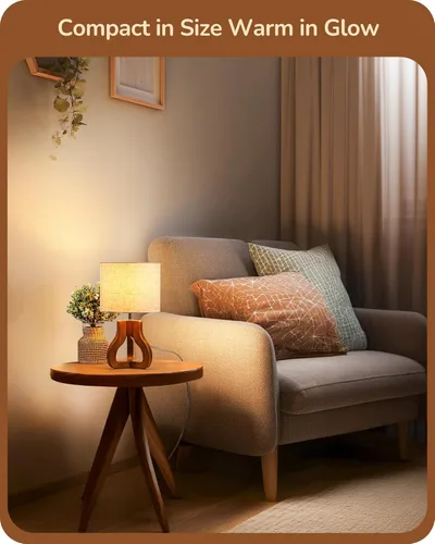 Vista 6 de EDISHINE Lámpara de Mesa Moderna de 14.6", Lámpara de Mesita de Noche con Trípode de Palo de Rosa para Dormitorio, Pantalla de Lino Beige, Pequeña