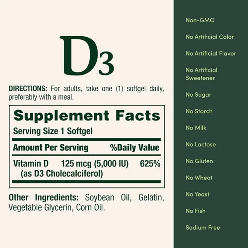 Vista 5 de Nature's Bounty Cápsulas blandas de vitamina D3 de 5000 UI, liberación rápida, apoyo inmunológico, suplementos de vitamina D, 150