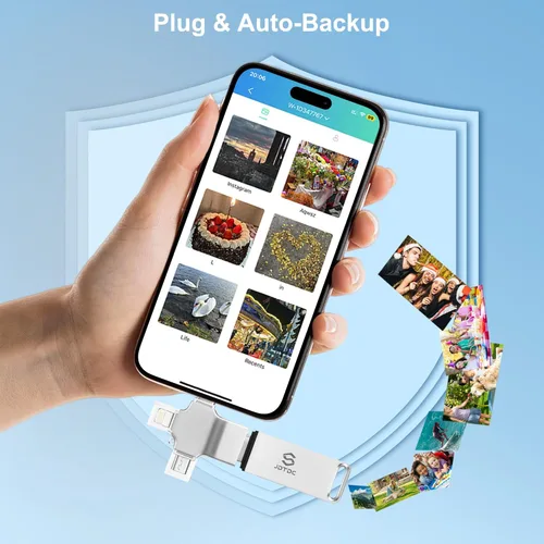 Vista 4 de Photo-Stick para todos los dispositivos 128 GB Auto Auto Foto y Video Backup-USB Drive para iPhone iPad Android Mac y PC – Multipuerto-Flash Drive &