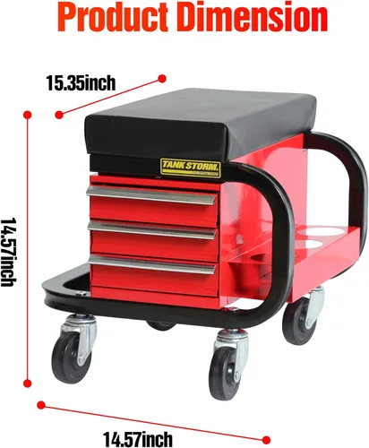 Vista 3 de Caja de herramientas con asiento de arrastre incorporado, asiento rodante para taller de garaje, cofre de herramientas resistente con 3 cajones y 4