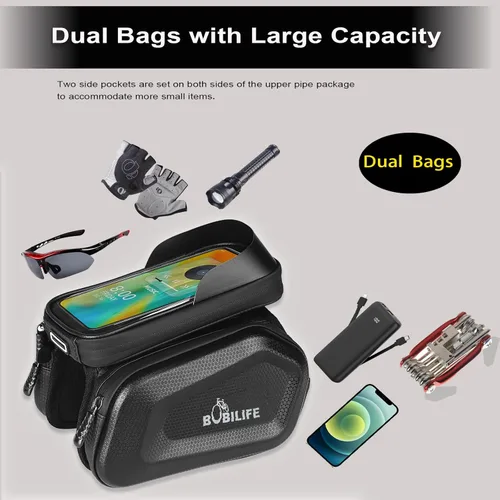 Vista 4 de Bolsa de tubo para marco de bicicleta con soporte táctil para teléfono, bolsa frontal impermeable de dos lados para manillar gemelos con bolsa