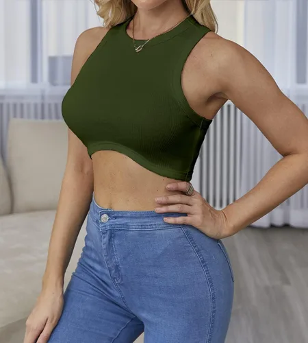 Vista 3 de Abardsion - Camiseta corta sin mangas con cuello redondo y espalda cruzada, de punto acanalado, para mujer