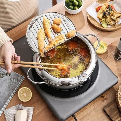 Vista 2 de Olla para freír (°F), Tempura japonesa pequeña olla profunda con termómetro Fahrenheit, freidora de acero inoxidable 304 con rejilla de drenaje