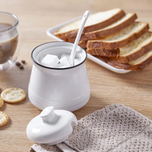 Vista 6 de Azucarera DAYYET con tapa y cuchara, azucarero de cerámica de 12 oz con cuchara, recipiente de azúcar para barra de café, tarro de azúcar con Blanco