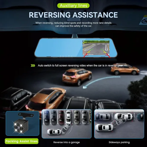 Vista 4 de Cámara de respaldo de 4.5 pulgadas, cámara de respaldo 1080P, cámara de espejo de visión frontal y trasera para automóviles Grabación de bucle