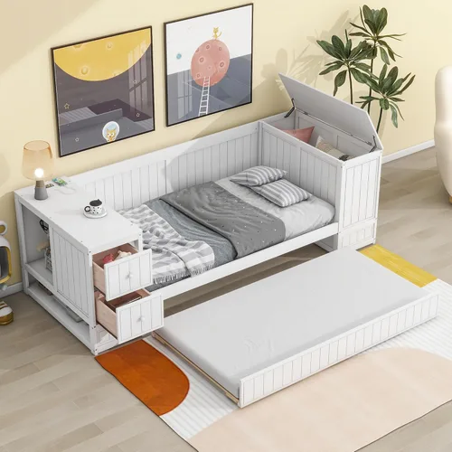 Vista 171 de Quarte Elegante cama de plataforma con estanterías en forma de L, cama de plataforma de madera tamaño individual con 2 cajones de almacenamiento