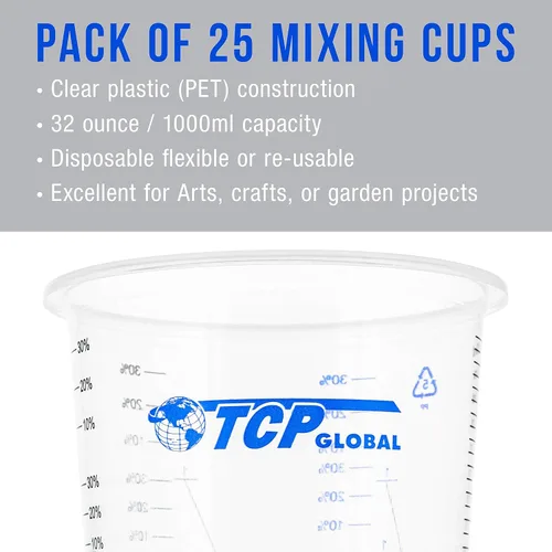 Vista 4 de TCP Global Vasos mezcladores de plástico graduados de 32 onzas (33.8 fl oz) (caja de 25) – Vasos medidores de plástico desechables para líquidos