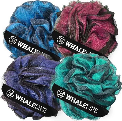 Vista 18 de Esponja de Ducha Paquete de 4 Negra Esponja de Baño Esponjas de Ducha Loofahs Bola Puf Carbón de Bambú Natural Malla Esponjas a Granel Grandes