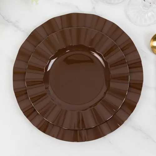 Vista 38 de Efavormart 10 Pack Platos redondos de plástico negro de 6" para postre y ensalada, platos desechables para aperitivos con borde ondulado dorado