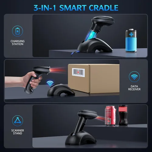 Vista 3 de TEEMI Escáner de código de barras Bluetooth con receptor de datos de base de carga USB, lector de código de barras inalámbrico QR 1D 2D para iOS
