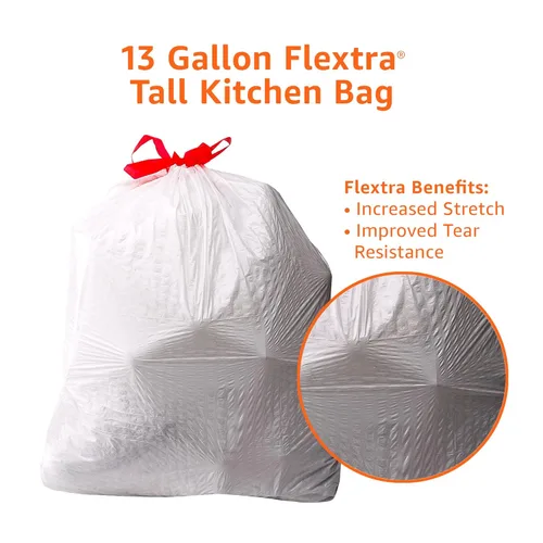 Vista 5 de Amazon Basics Flextra Strength - Bolsas de basura altas con cordón para cocina, aroma fresco, resistentes a desgarros, 13 galones, 50