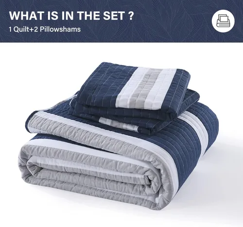 Vista 6 de SahSahCasa Juego de edredón tamaño King, 100% algodón, edredón azul marino, juego de ropa de cama King, edredón reversible ligero a rayas para cama