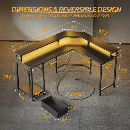 Vista 42 de CubiCubi Escritorio en forma de L de 59 pulgadas con puertos de carga USB y luces LED, escritorio de esquina para computadora con cajón y estante