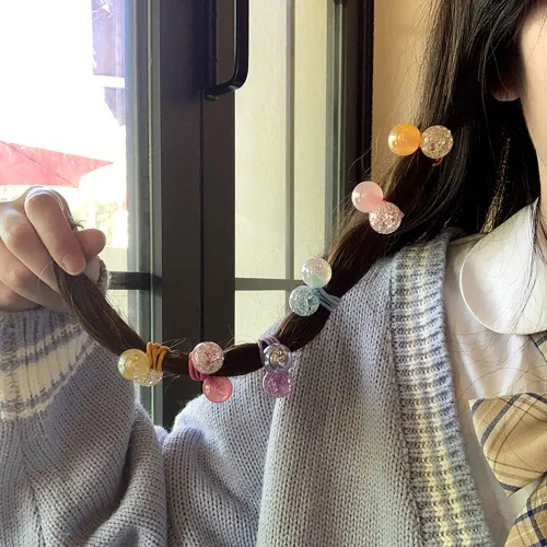 Vista 5 de 14 ligas coloridas de doble bola, bandas para el cabello con cuentas, cuerdas elásticas para el cabello, elásticos de cabello grueso para niñas