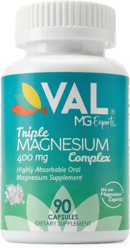 VAL Complejo triple de magnesio de 400 mg (glicinato, taurato y citrato) para relajación muscular, sueño y energía tranquila, vegano, sin OMG, 90