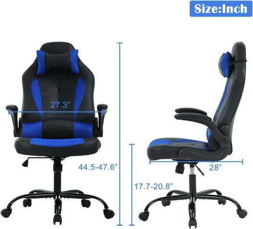 Vista 33 de Silla de videojuegos, silla de computadora de piel sintética ajustable con reposacabezas soporte lumbar, brazos y ruedas abatibles, silla de oficina