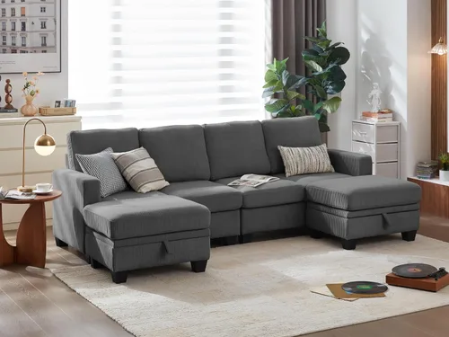Vista 18 de CHIC HOUSE Sofá modular modular con otomanas de almacenamiento, sofá de pana para espacios pequeños y apartamentos, sofá esquinero convertible