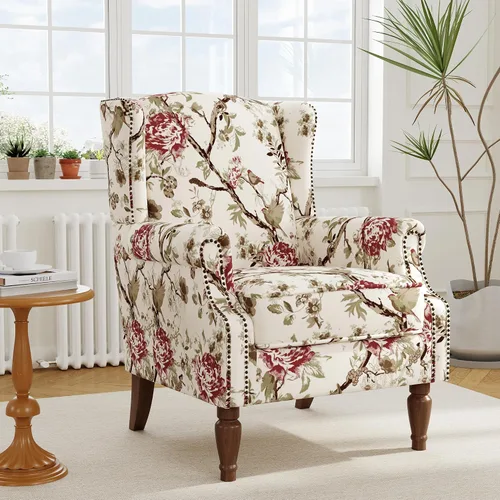 Silla decorativa floral con respaldo alto, sillón tapizado con patas de madera maciza, cómodo sofá individual de lectura con respaldo alado para