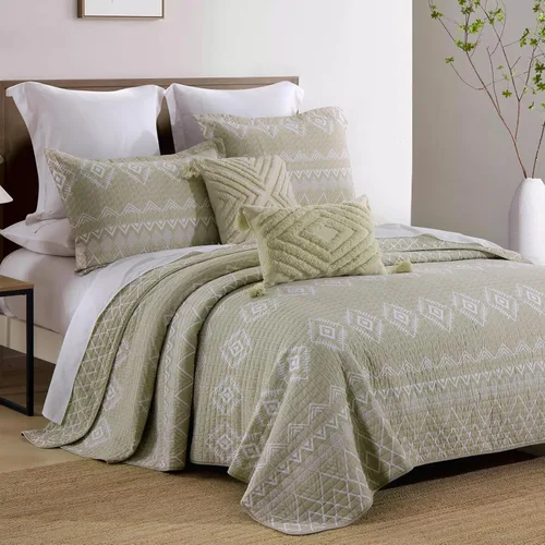 Vista 2 de Finlonte Juego de edredones de tamaño Queen, 100% algodón, ligero, bohemio, Queen, color beige, blanco, geométrico, suave, reversible, para cama