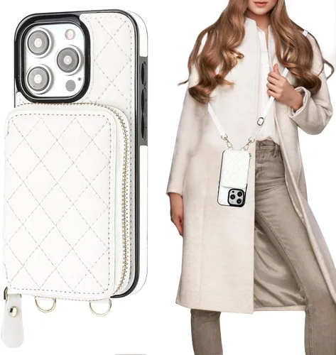 Vista 13 de Bocasal Funda tipo cartera con bandolera para iPhone 15 Pro, cartera de mano de piel sintética con cremallera y bloqueo RFID, funda tipo cartera