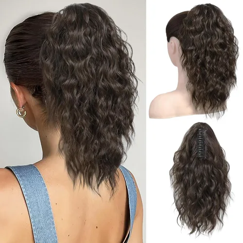 Vista 23 de REECHO Extensión de cola de caballo de 14" con clip de garra corta, extensiones de cola de caballo falsas, cola de caballo ondulada suave y rizada