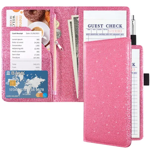 Vista 7 de ACdream Libros de mesera para camarera con bolsillo con cremallera, bloc de notas para libro de visitas, lindo organizador de dinero de cuero