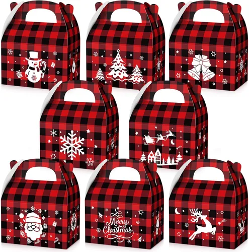 TaoBary 24 Piezas Cajas de Galletas de Navidad Cajas de Golosinas a Cuadros Navideñas con Asas Cartón 3D Bolsa de Regalo de Navidad con Impresión