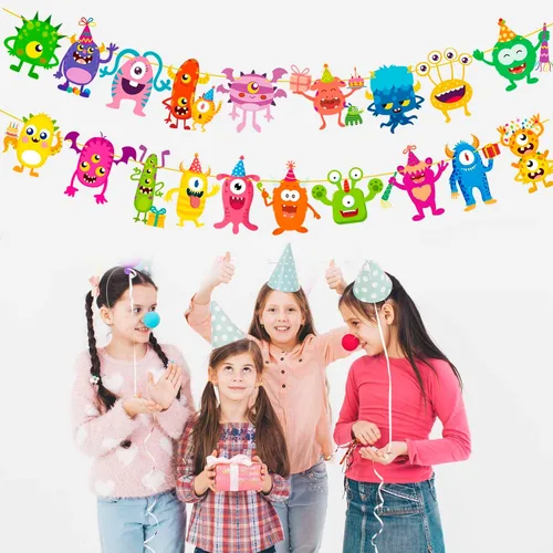 Vista 9 de Cartel y guirnalda de Little Monster – Suministros de fiesta temática de monstruo para cumpleaños y baby shower