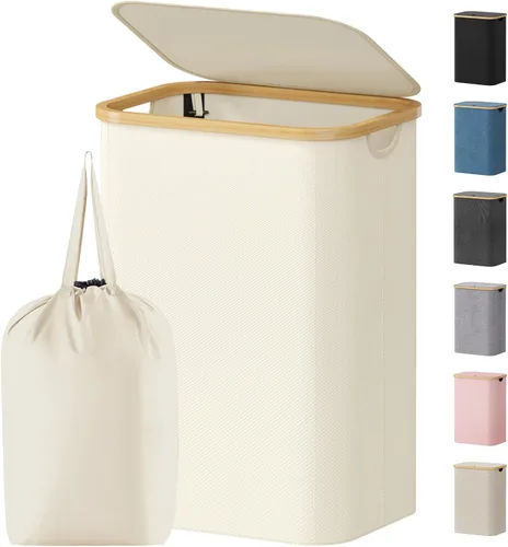 Vista 20 de Lifewit - Canasta de lavandería de 100L con tapa, cestas de ropa para la lavandería con asas de bambú y una bolsa de lavandería extraíble, cesto
