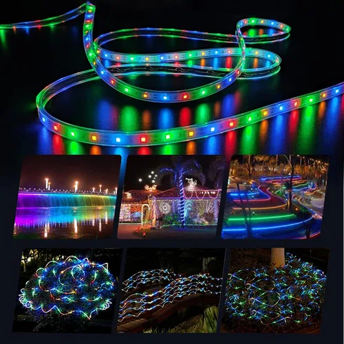 Vista 4 de UT - Tira de luces LED solares para exteriores, 16.4 pies, 280 luces LED, funciona con energía solar, tira LED que cambia de color con 8 modos