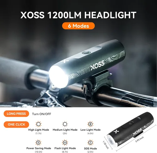 Vista 2 de XOSS XL-1200 - Faro delantero de bicicleta recargable USB-C de 1200 lúmenes, 6 modos de iluminación, carcasa de aluminio, luz delantera
