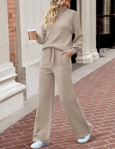 Vista 9 de ZESICA Conjunto de 2 piezas de suéter de manga larga con cuello alto falso y pantalones de pierna ancha para mujer, conjunto de sudadera