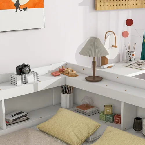 Vista 14 de Quarte Elegante cama de plataforma con estanterías en forma de L, cama de plataforma de madera tamaño individual con 2 cajones de almacenamiento