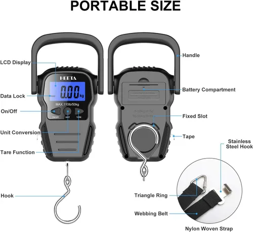 Vista 2 de HEETA Báscula de peso de pescado con pantalla LCD retroiluminada, hasta 110 libras/50 kg, báscula digital portátil para colgar peces con gancho