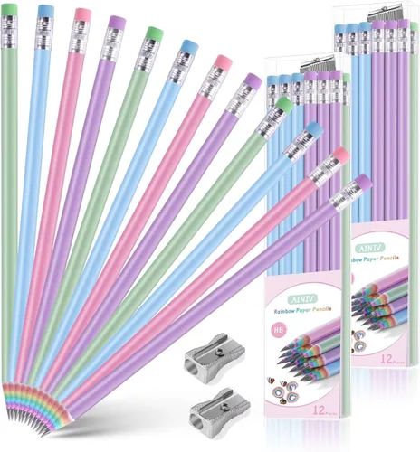 Vista 8 de Ainiv 12PCS Lápices de Papel Arcoíris Reciclados Ecológicos Sin Madera y Plástico #2 HB Lápices Número 2 Borradores Superiores con Sacapuntas