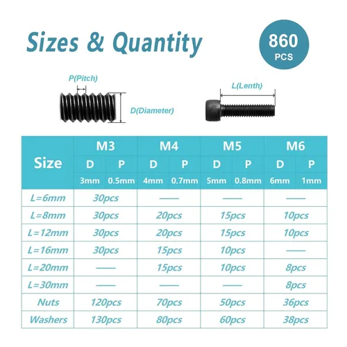 Vista 2 de Kadrick - Tornillos métricos de cabeza cilíndrica con hexágono interior M6/M5/M4/M3, tuercas/arandelas para impresión 3D/bricolaje, acero aleado