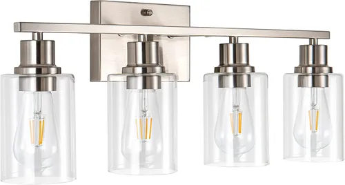 Vista 12 de Lámpara de baño dorada de 1 luces, lámpara de tocador de latón cepillado con pantalla de vidrio transparente, luces de pared de baño modernas