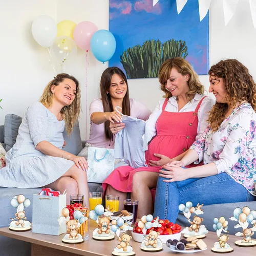 Vista 7 de 16 piezas de centro de mesa de madera para baby shower con oso azul desmontable, señal de mesa "Es un niño", revelación de género, decoración