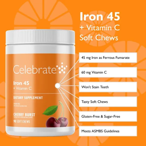 Vista 2 de Celebrate Vitamins Suplemento de hierro con vitamina C, 45 mg de hierro, 60 mg de vitamina C, vitaminas bariátricas para pacientes con WLS, cirugía