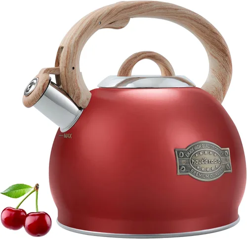 Vista 8 de Hervidor de té, hervidor de té silbante de 2.7 cuartos de galón, tetera con mango de acero inoxidable de grado alimenticio y patrón de madera