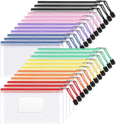 Sooez Paquete de 24 bolsas de malla con cremallera y bolsillo para etiquetas, tamaño A6 (9.1 x 4.7 pulgadas), estuche pequeño para lápices, bolsas
