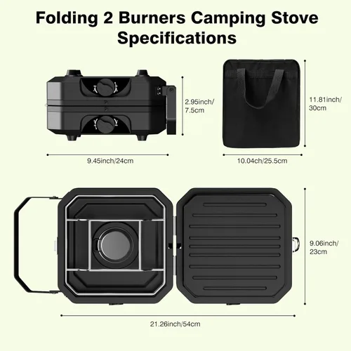 Vista 8 de Estufa de Camping Portátil de Propano con Juego de 3 Ollas, Estufa de Gas Plegable de 2 Quemadores con Calor Ajustable Independientemente, Estufa