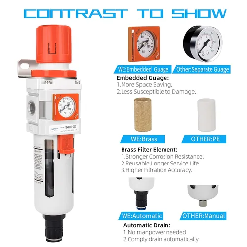 Vista 5 de NANPU 1/2 "NPT Embedded Gauge Compressed Air Filter/Regulador Piggyback Combo, Drenaje Automático, Elemento de Latón de 5 Micrones, Cuenco