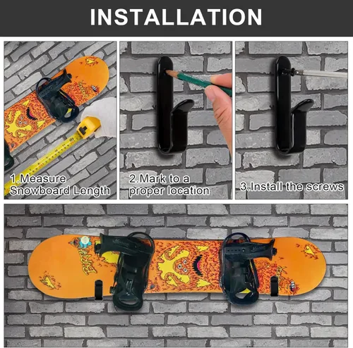 Vista 6 de Clips de montaje en pared para snowboard, soporte de pared horizontal para patineta, soporte de exhibición de snowboard para habitación, garaje